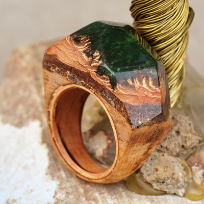 Wood and resin domed ring, 'Unparalleled Beauty' - Handcrafted Wood and Resin Domed Ring in Green and Gold