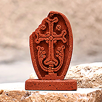 Tuff stone stela sculpture, 'Echmiadzin Past' - Hand-Carved Brown Tuff Stone Khachkar Stela Sculpture