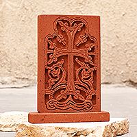 Tuff stone stela sculpture, 'Spiritual Cross' - Classic Hand-Carved Brown Cross Tuff Stone Stela Sculpture