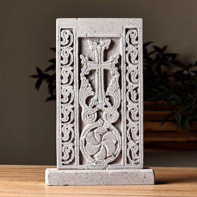 Stone stela sculpture, 'Faith Flower' - Hand-Carved Traditional Floral Basalt Stone Stela Sculpture