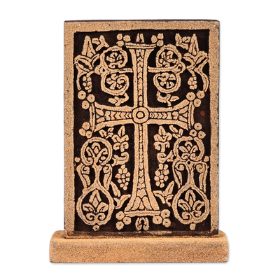 Tuff stone stela sculpture, 'The Kingdom's Faith' - Handmade Traditional Leafy Cross Tuff Stone Stela Sculpture