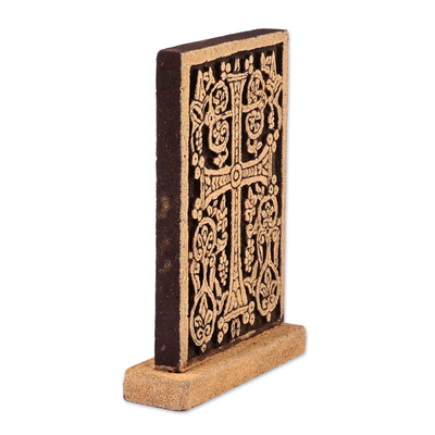 Tuff stone stela sculpture, 'The Kingdom's Faith' - Handmade Traditional Leafy Cross Tuff Stone Stela Sculpture