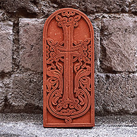 Tuff stone stela sculpture, 'Altar to Devotion' - Traditional Red Tuff Stone Stela Sculpture from Armenia