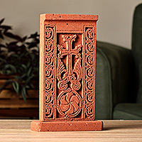Escultura de estela de piedra de toba - Escultura de estela de piedra de toba floral tradicional tallada a mano
