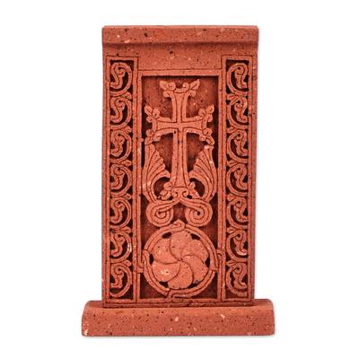 Tuff stone stela sculpture, 'Red Faith Flower' - Hand-Carved Traditional Floral Tuff Stone Stela Sculpture