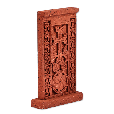 Tuff stone stela sculpture, 'Red Faith Flower' - Hand-Carved Traditional Floral Tuff Stone Stela Sculpture