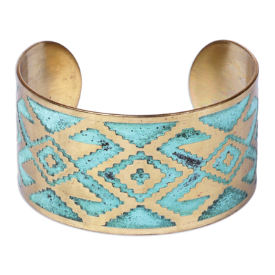 Brass cuff bracelet, 'Armenian Diamonds' - Oxidized Brass Cuff Bracelet with Armenian Patterns