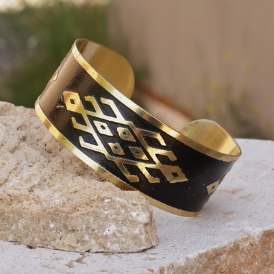 Brass cuff bracelet, 'Black Rhombus Fantasy' - Brass Cuff Bracelet in Black with Traditional Armenian Motif