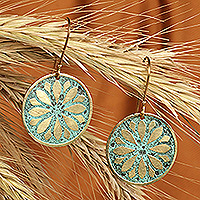 Brass dangle earrings, 'Armenian Flower' - Brass Floral Dangle Earrings with Antique Oxidized Finish