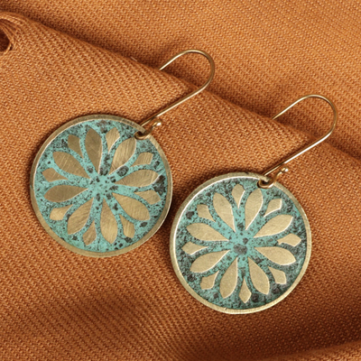 Brass dangle earrings, 'Armenian Flower' - Brass Floral Dangle Earrings with Antique Oxidized Finish