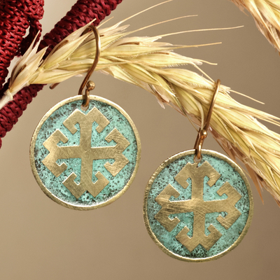 Brass dangle earrings, 'Armenian Cross' - Brass Cross Dangle Earrings with Antique Oxidized Finish