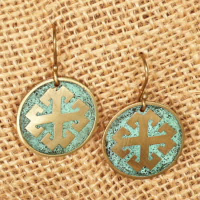 Brass dangle earrings, 'Armenian Cross' - Brass Cross Dangle Earrings with Antique Oxidized Finish