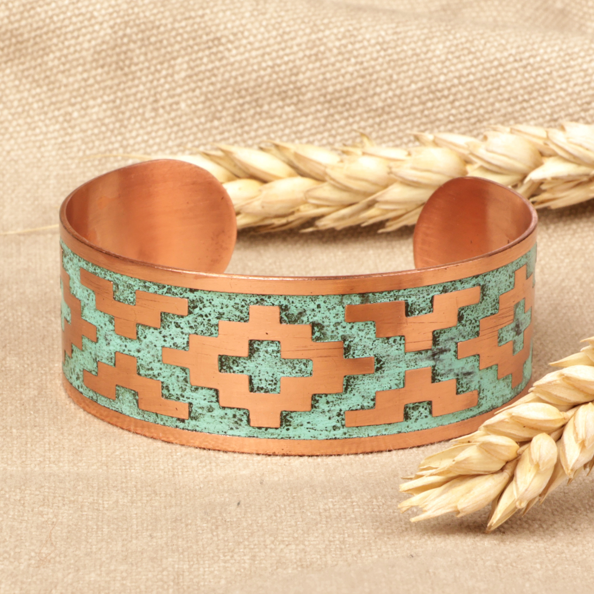 Oxidized Brass Cuff Bracelet with Traditional Armenian Motif - Green  Rhombus Fantasy