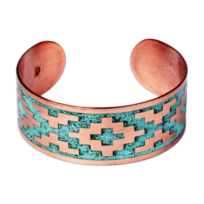 Brass cuff bracelet, 'Armenian Geometry' - Oxidized Brass Cuff Bracelet with Armenian Geometric Motif