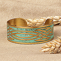 Brass cuff bracelet, 'Armenian Knots' - Oxidized Brass Cuff Bracelet with Knots Made in Armenia