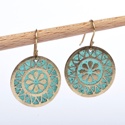 Brass dangle earrings, 'Armenian Floral Sun' - Brass Sun and Flower Dangle Earrings with Oxidized Finish
