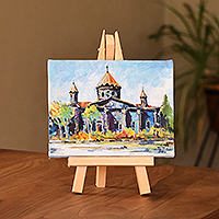 Painting with wood easel, 'Holy Mother of God Church I' - Impressionist Watercolour Painting of Cathedral at Day