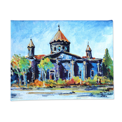 Painting with wood easel, 'Holy Mother of God Church I' - Impressionist Watercolor Painting of Cathedral at Day