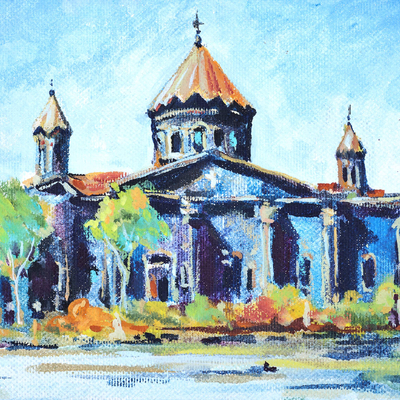Painting with wood easel, 'Holy Mother of God Church I' - Impressionist Watercolor Painting of Cathedral at Day