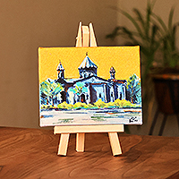 Painting with wood easel, 'Holy Mother of God Church II' - Impressionist Watercolor Painting of Cathedral at Evening