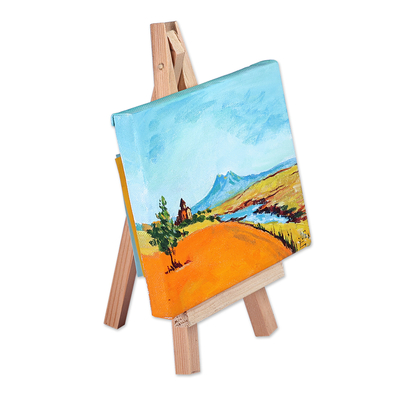 Pintar con caballete de madera - Pintura impresionista de acuarela de monasterio y paisaje.
