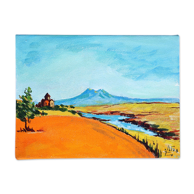 Painting with wood easel, 'Marmashen Monastery' - Impressionist Watercolour Painting of Monastery and Landscape