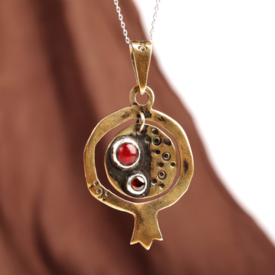 Carnelian pendant necklace, 'Nur Amulet' - Carnelian Brass Nur Amulet Pendant Necklace