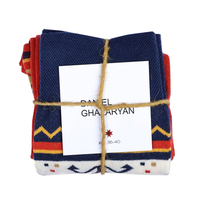 Cotton blend socks, 'Haghartsin Mysteries' - Cotton Blend Socks with Traditional Armenian Motifs