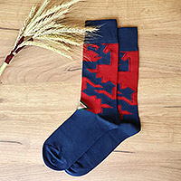 Cotton blend socks, 'Lori's Energy' - Cotton Blend Socks Adorned with Traditional Armenian Designs