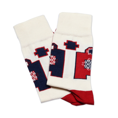 Cotton blend socks, 'Yerevan Patterns' - Cotton Blend Socks with Traditional Armenian Patterns