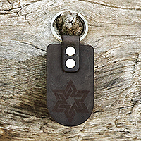 Men's leather keychain, 'Night Star' - Men's Brass and Black Leather Keychain with Star Sign