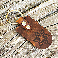 Men's leather keychain, 'Cappuccino Star' - Men's Brass and Cappuccino Leather Keychain with Star Sign