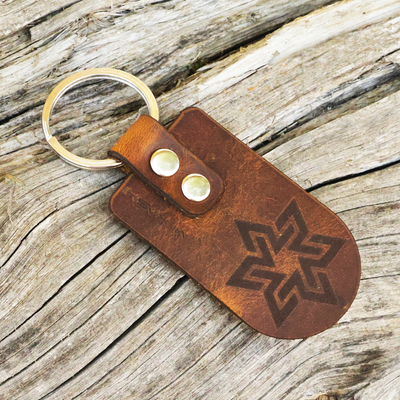Leather keychain, 'Cappuccino Star' - Brass and Cappuccino Leather Keychain with Star Sign