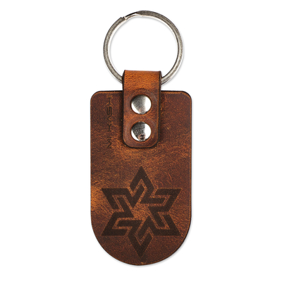 Men's leather keychain, 'Cappuccino Star' - Men's Brass and Cappuccino Leather Keychain with Star Sign