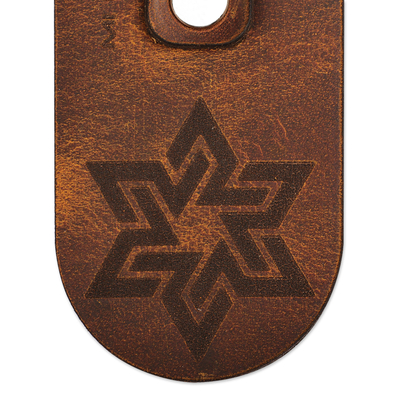 Leather keychain, 'Cappuccino Star' - Brass and Cappuccino Leather Keychain with Star Sign