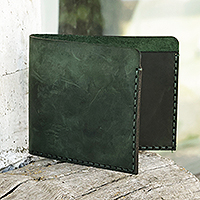 Men's leather wallet, 'Independent Green' - Men's Handcrafted Green Leather Wallet from Armenia