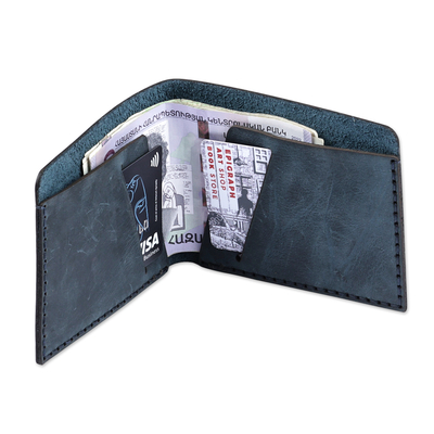 Men's leather wallet, 'Independent Blue' - Men's Handcrafted Blue Leather Wallet from Armenia