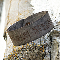 Men's leather wristband bracelet, 'Signs from the Past' - Men's Hieroglyphic-Themed Brown Leather Wristband Bracelet
