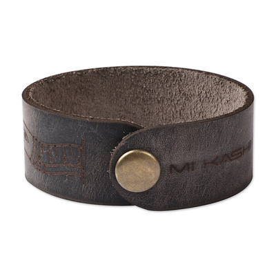 Men's leather wristband bracelet, 'Signs from the Past' - Men's Hieroglyphic-Themed Brown Leather Wristband Bracelet