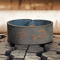 Men's leather wristband bracelet, 'Signs from the Blue Past' - Men's Hieroglyphic-Themed Blue Leather Wristband Bracelet