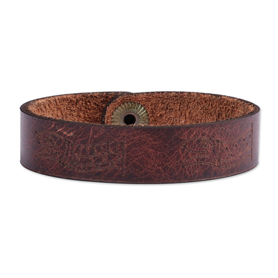 Men's leather wristband bracelet, 'Myths' - Men's Hieroglyphic-Themed Brown Leather Wristband Bracelet