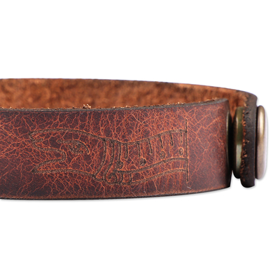 Men's leather wristband bracelet, 'Myths' - Men's Hieroglyphic-Themed Brown Leather Wristband Bracelet