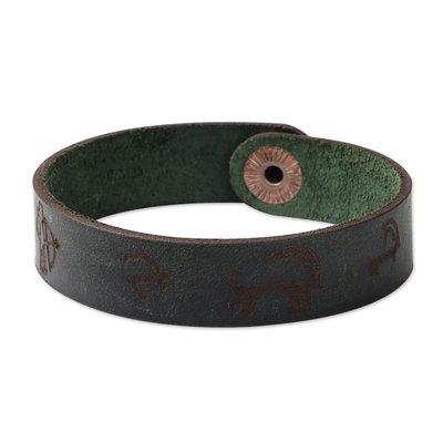 Men's leather wristband bracelet, 'Dark Green Myths' - Men's Hieroglyphic Dark Green Leather Wristband Bracelet