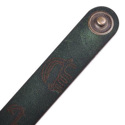 Men's leather wristband bracelet, 'Dark Green Myths' - Men's Hieroglyphic Dark Green Leather Wristband Bracelet