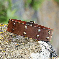 Men's leather wristband bracelet, 'Coffee & Bravery' - Men's Coffee Leather Wristband Bracelet with Brass Accents