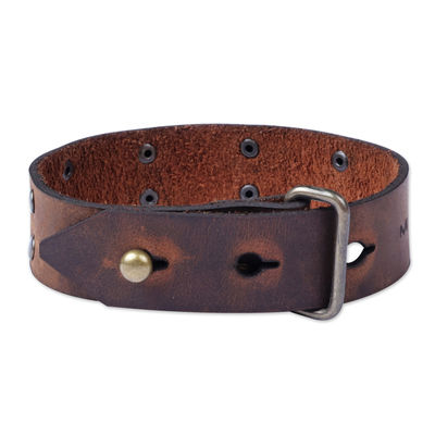 Men's leather wristband bracelet, 'Coffee & Bravery' - Men's Coffee Leather Wristband Bracelet with Brass Accents