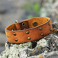 Men's leather wristband bracelet, 'Honey & Bravery' - Men's Honey Leather Wristband Bracelet with Brass Accents