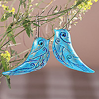 Clay dangle earrings, 'Birds of Freedom' - Bird-Themed Turquoise Blue Dangle Earrings