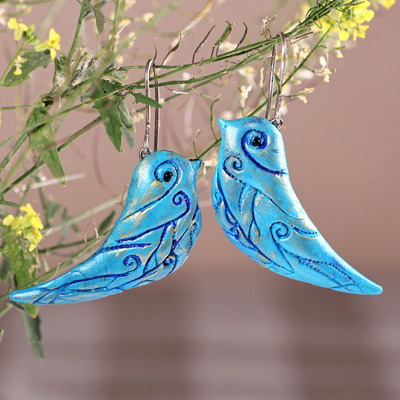 Pendientes colgantes de arcilla - Pendientes colgantes azul turquesa con temática de pájaros