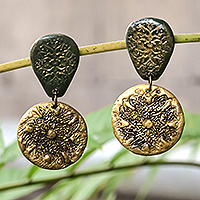 Clay dangle earrings, 'Kingdom Mysteries' - Classic Armenian Clay Dangle Earrings in Golden and Green